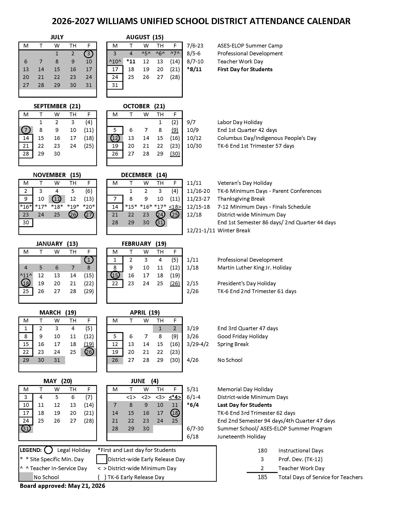 2026-2027 Attendnace Calendar