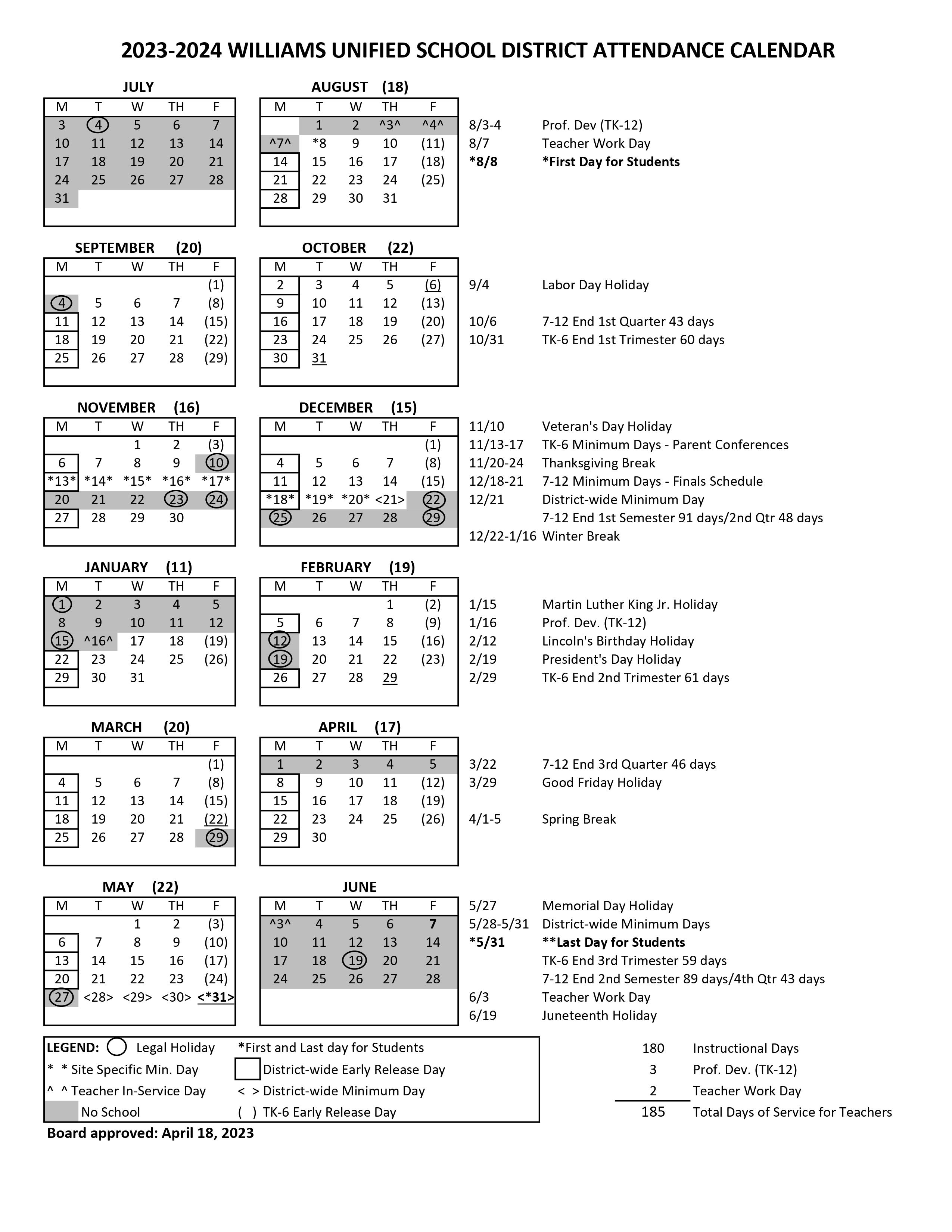 Williams Junior Senior High School 20232024 District Calendar