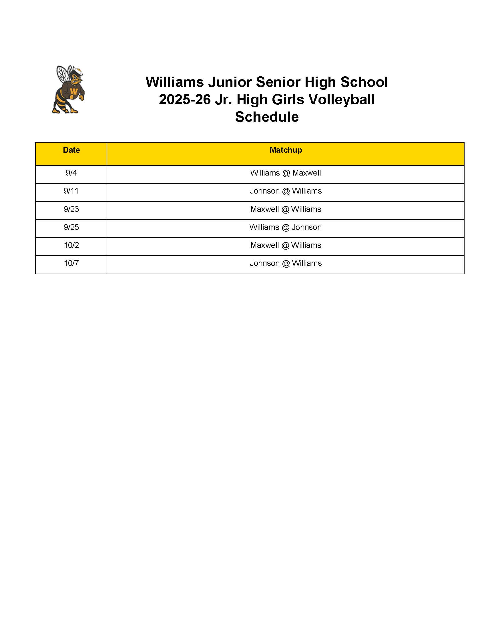 2025-26 Volleyball Schedule